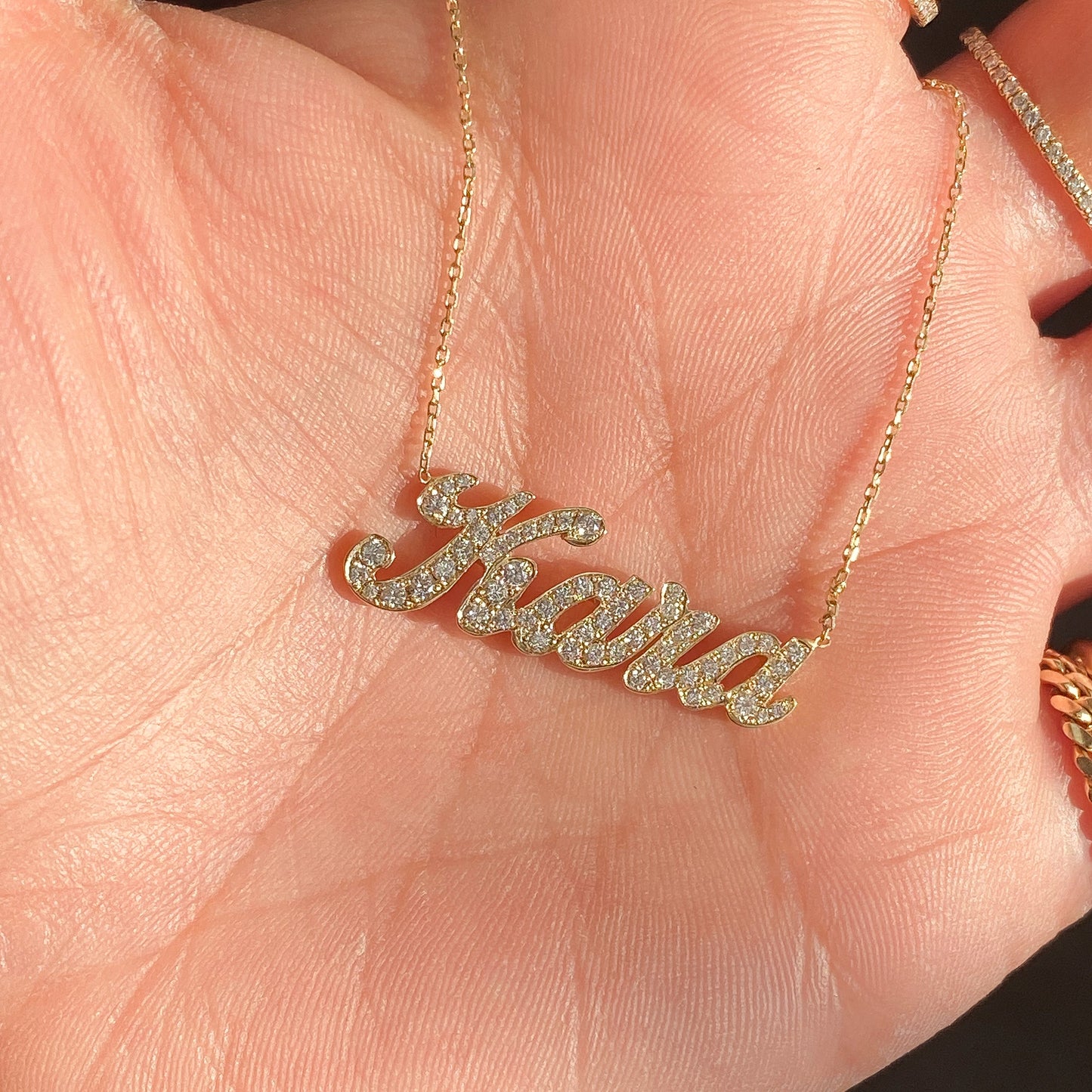 14K Gold Pavé Diamond Nameplate Pendant Necklace ~ Script Font