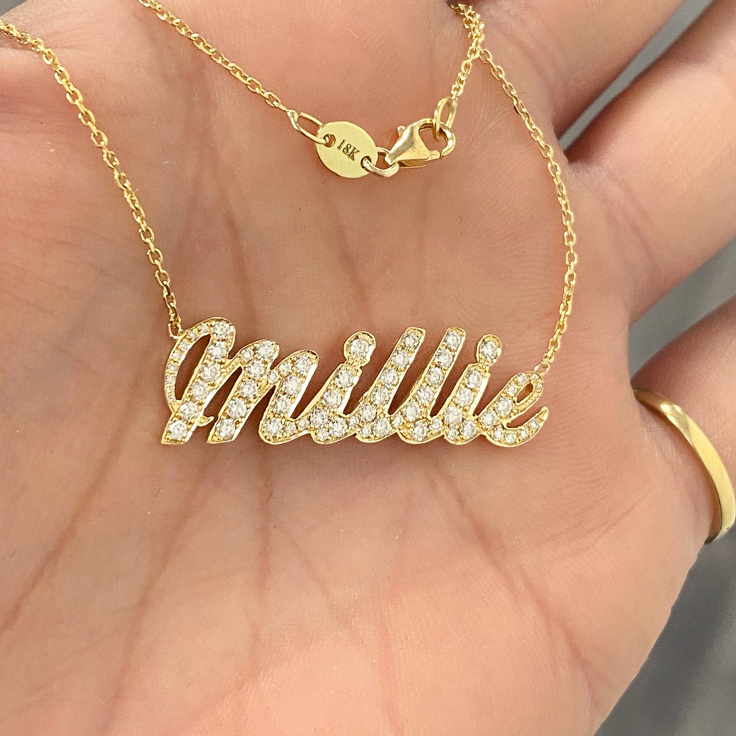 14K Gold Pavé Diamond Nameplate Pendant Necklace ~ Script Font