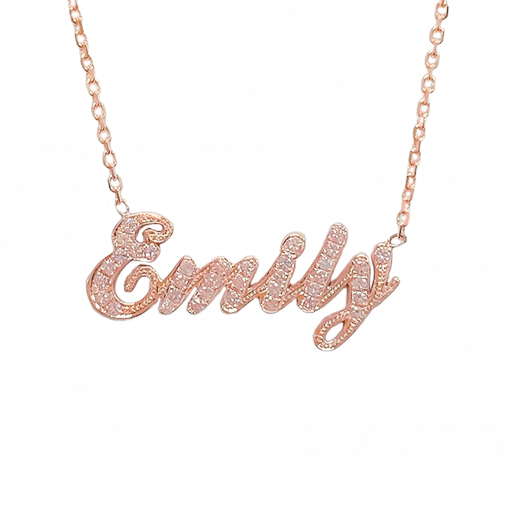 14K Gold Pavé Light Pink Sapphire Nameplate Pendant Necklace ~ Script Font