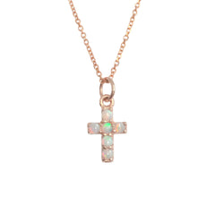 14K Gold Pavé Opal Small Cross Necklace