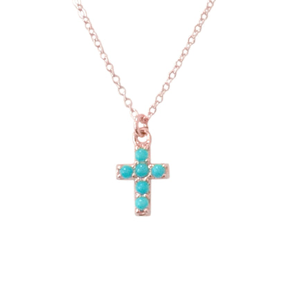 14K Gold Pavé Turquoise Cross Necklace, Small Size