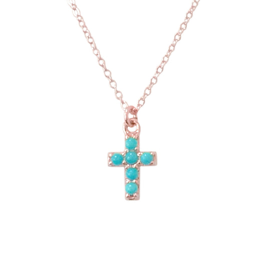 14K Gold Pavé Turquoise Cross Necklace, Small Size