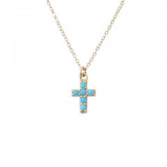 14K Gold Pavé Turquoise Cross Necklace, Small Size