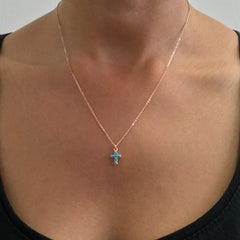 14K Gold Pavé Turquoise Cross Necklace, Small Size