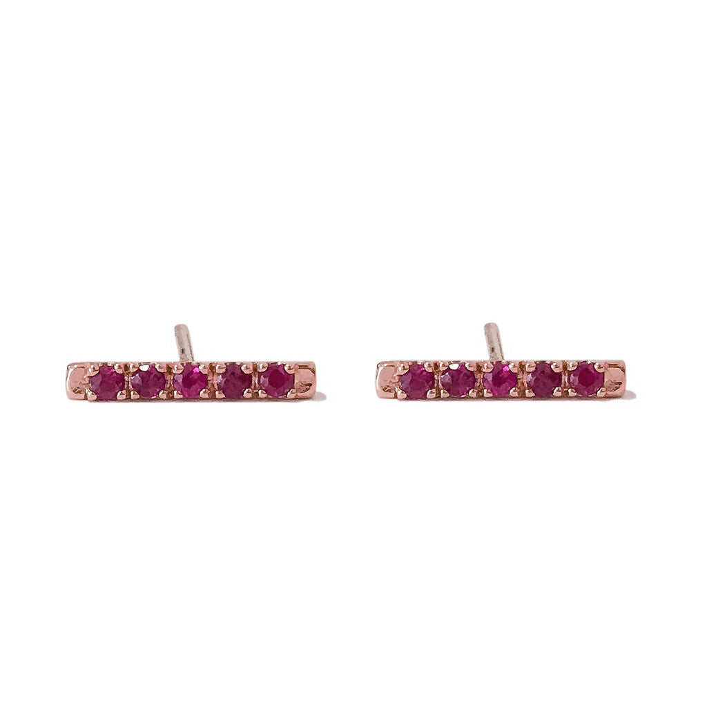 14K Gold Small Pavé Ruby Bar Stud Earrings