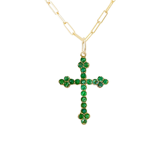 14K Gold Emerald Gothic Trinity Cross Necklace ~ Small Size