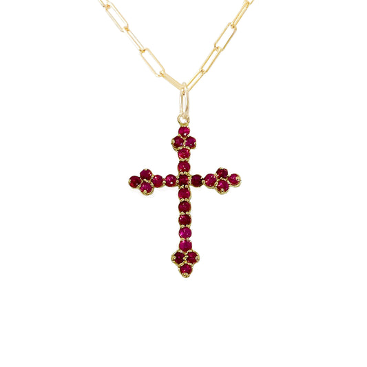 14K Gold Ruby Gothic Trinity Cross Necklace ~ Small Size