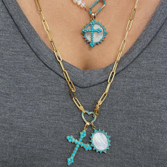 14K Gold Turquoise Gothic Trinity Cross Necklace ~ Large Size
