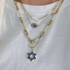14K Gold Blue Sapphire Star of David Charm Pendant, Medium Size