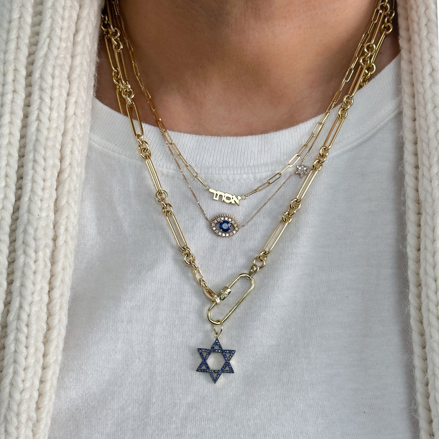 14K Gold Blue Sapphire Star of David Charm Pendant, Medium Size