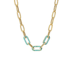 14K Gold Triple Turquoise Thick Oval Link Necklace