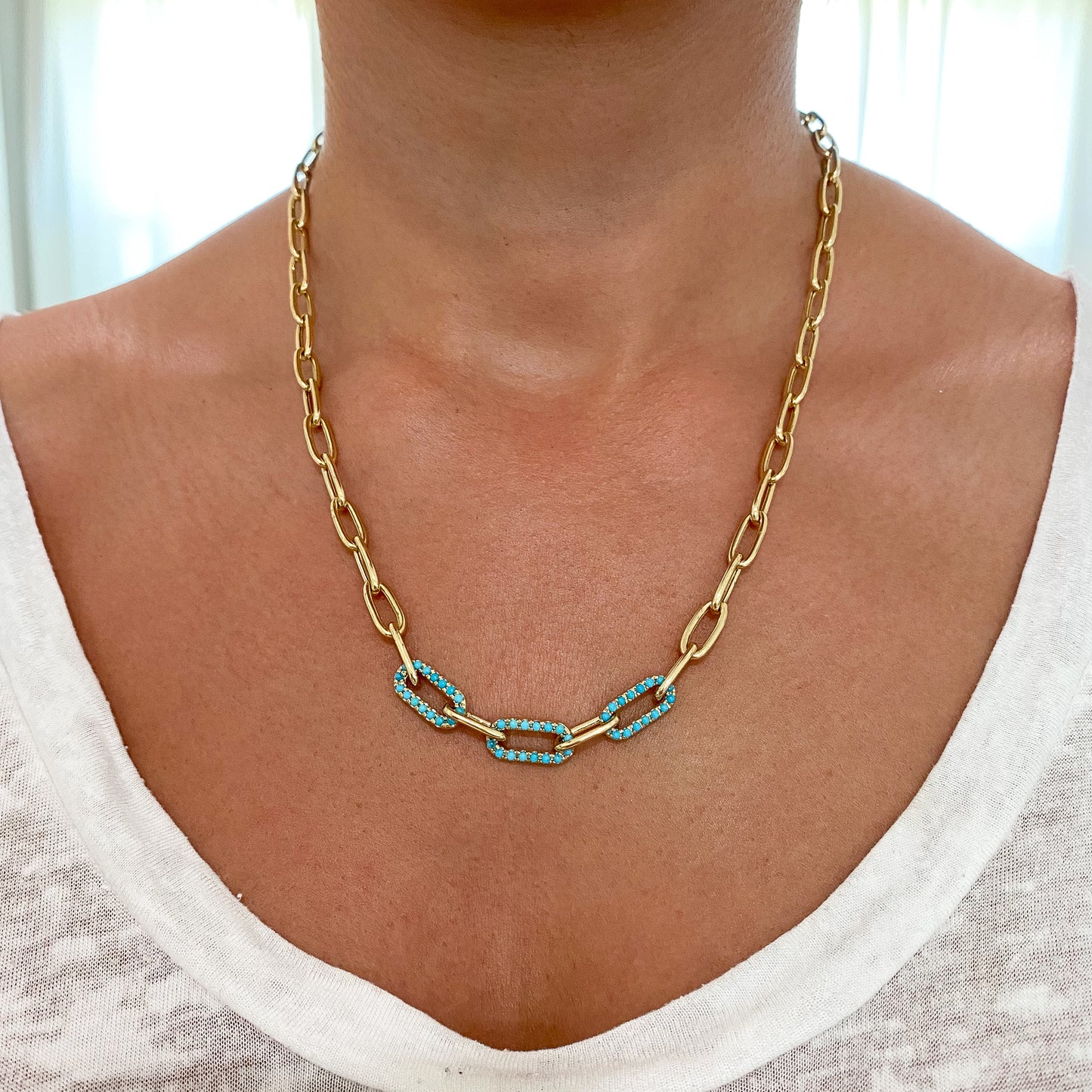 14K Gold Triple Turquoise Thick Oval Link Necklace