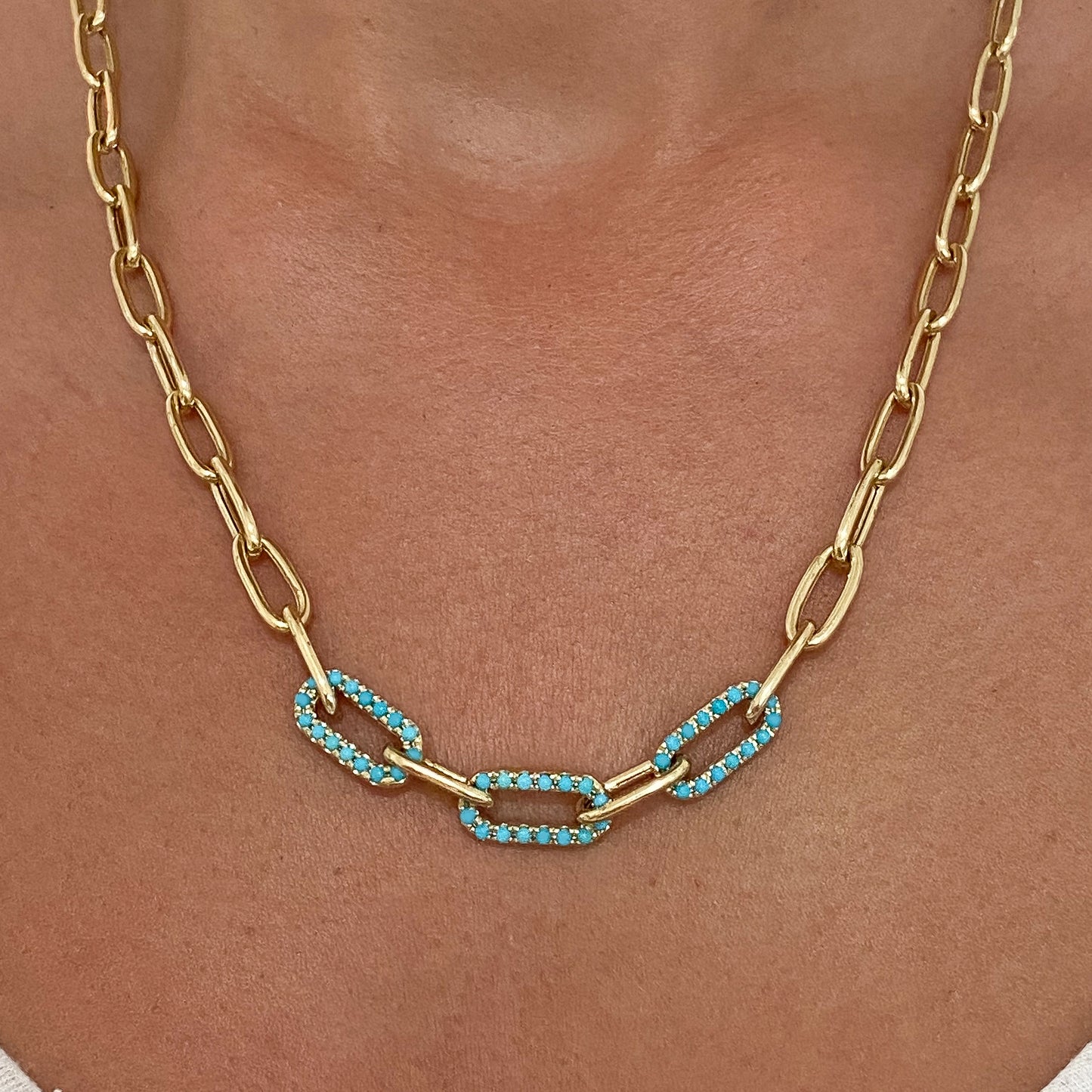 14K Gold Triple Turquoise Thick Oval Link Necklace