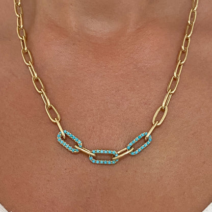 14K Gold Triple Turquoise Thick Oval Link Necklace