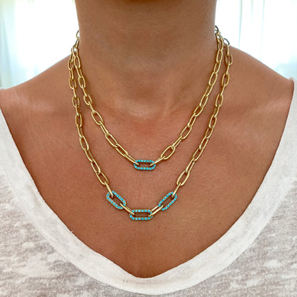 14K Gold Triple Turquoise Thick Oval Link Necklace