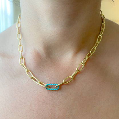 14K Gold Turquoise Thick Oval Link Necklace