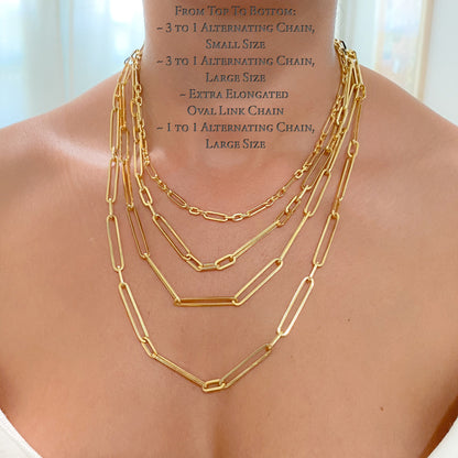 14K Gold Alternating 3 to 1 Elongated Oval Link Chain Necklace, Large Size