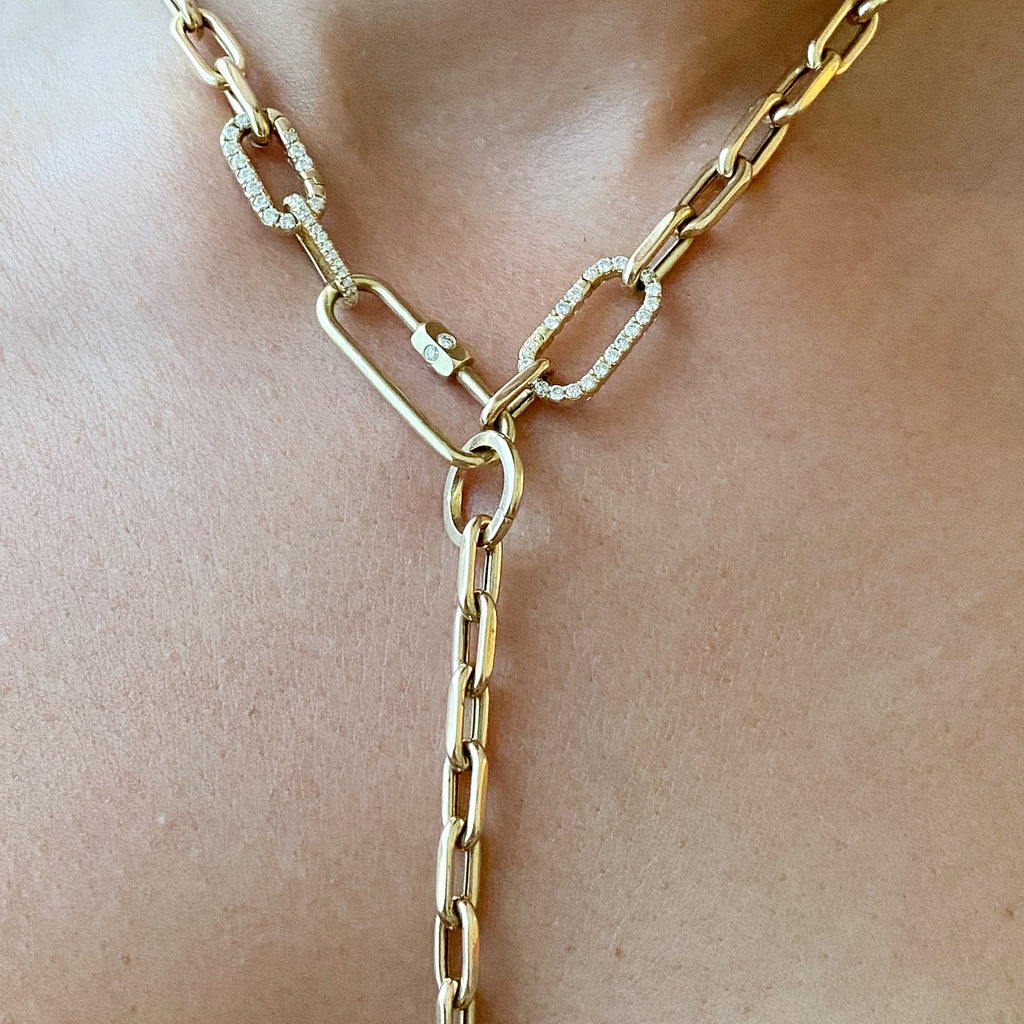 14K Gold Large Open Link Chain with Diamond Carabiner Necklace 14K Rose Gold / 18 +$300