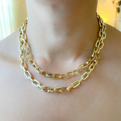 14K Gold Thick Flat Oval Link Necklace, Large Size Links