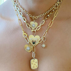 14K Gold Pavé Diamond Starburst Fluted Heart Medallion Necklace, Medium Size