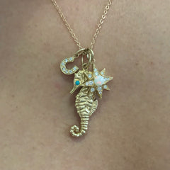 14K Gold Large Size Seahorse Pendant Necklace with Turquoise Eye