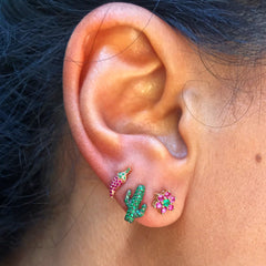 14K Gold Pink Sapphire & Emerald Rosebud Flower Stud Earrings