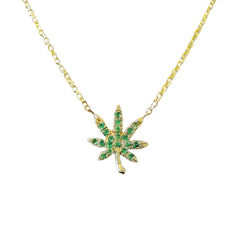 14K Gold Emerald Marijuana Leaf Necklace