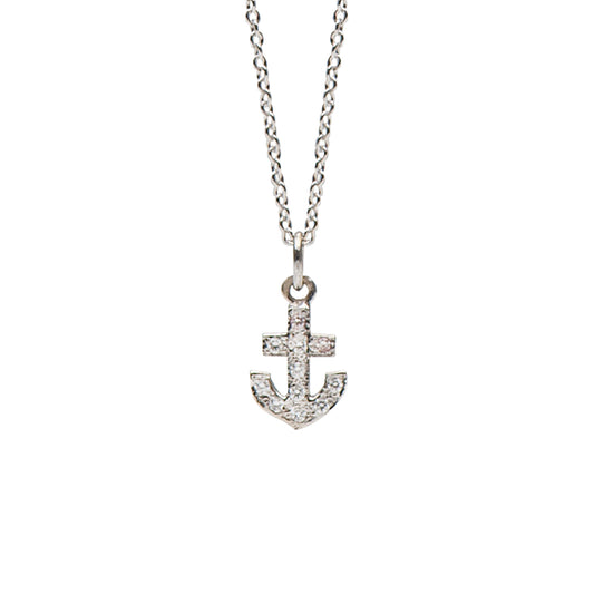 14K Gold Pavé Diamond Anchor Necklace, XS Size