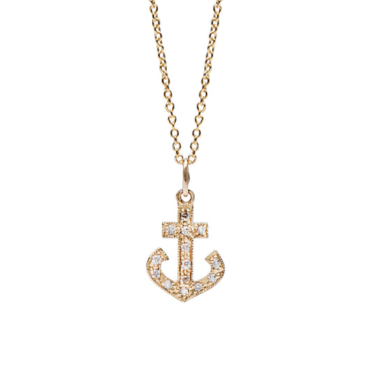14K Gold Pavé Diamond Anchor Necklace, Large Size
