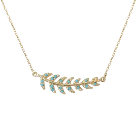 14K Gold Pavé Turquoise Leaf Necklace